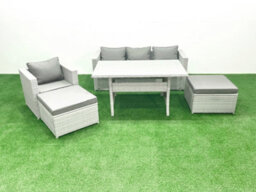 Fimous Rattan Garden Furniture Set Outdoor 6 Seater Patio Dining Sets Glass Top Dining Table Light Grey - thumbnail 2