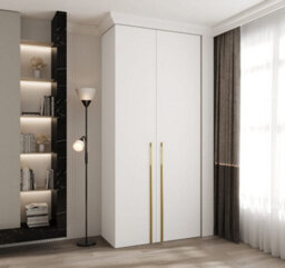 Arte Stylish White Como 3 Hinged Door Wardrobe H2460mm W1100mm D500mm, Two Doors, Eight Shelves, Hanging Rail, Gold Vertical Handles - thumbnail 2