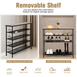 Costway 5-Tier Shoe Rack Industrial Shoe Organizer W/ Wooden Top Flat Mesh Shelves - thumbnail 7