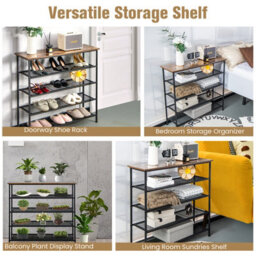 Costway 5-Tier Shoe Rack Industrial Shoe Organizer W/ Wooden Top Flat Mesh Shelves - thumbnail 5