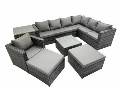 Fimous Outdoor Pe Rattan Garden Furniture Sofa Set With Square Coffee Table Chair 2 Big Stools Side Table Dark Grey - image 1
