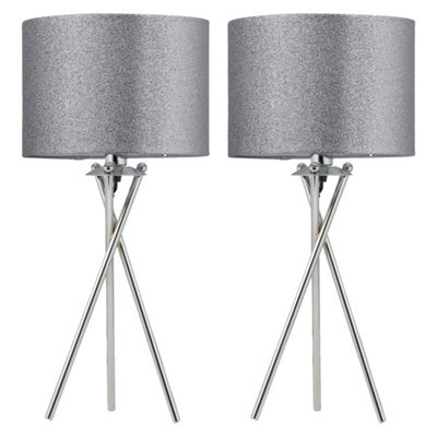 First Choice Lighting Set Of 2 Chrome Tripod Table Lamps With Grey Glitter Shades - image 1