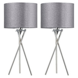 First Choice Lighting Set Of 2 Chrome Tripod Table Lamps With Grey Glitter Shades
