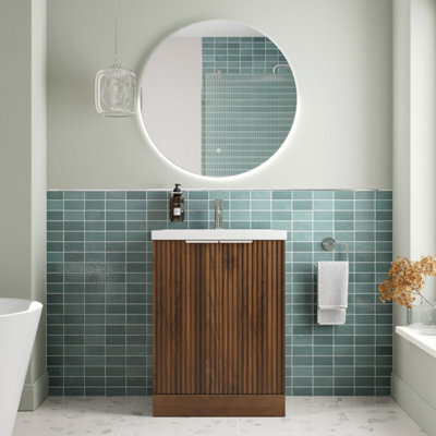 Affine Bathroom Vanity Unit Basin Sink Free Standing 600mm Door Cabinet Storage Walnut - image 1