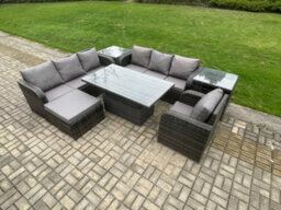 Fimous Outdoor Rattan Garden Furniture Sets Height Adjustable Rising Lifting Dining Table Set With Reclining Chair Big Footstool - thumbnail 2