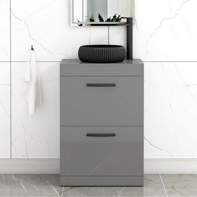Royal Bathrooms Turin 600mm Freestanding Bathroom Vanity Unit With Sink 2 Drawer Indigo Grey Gloss & Milan Black Countertop Basin - image 1