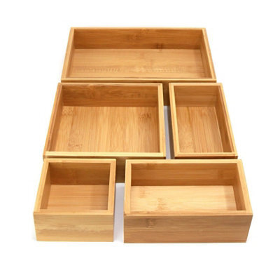 Magna Retail Bamboo Drawer Organiser Set Of 5 Stationary Desk Organiser Drawers Wooden Box Storage Trays Assorted Sizes - image 1