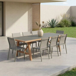 Sweeek - Acacia Wood And Aluminium Garden Table 200Cm + 8 Chairs Khaki Green - Eldora + Buffalo - thumbnail 1