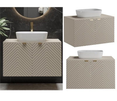 Impact Furniture Vanity Unit With Basin 800mm Wall Hung Bathroom Sink Cabinet With Countertop Worktop Fluted Beige Cashmere Cara - image 1