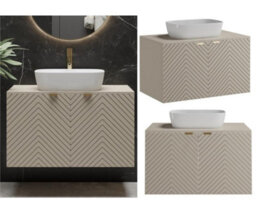 Impact Furniture Vanity Unit With Basin 800mm Wall Hung Bathroom Sink Cabinet With Countertop Worktop Fluted Beige Cashmere Cara - thumbnail 1