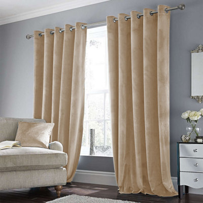 Ameha Beige Velvet Curtain Ready Made Eyelet Blackout Thermal Insulated Living Room Curtain Pair 90''x90'' With Tiebacks - image 1