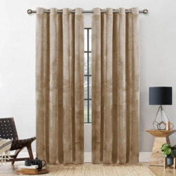 Ameha Beige Velvet Curtain Ready Made Eyelet Blackout Thermal Insulated Living Room Curtain Pair 90''x90'' With Tiebacks - thumbnail 7
