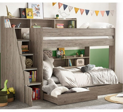 Tuscan Grey Oak Wooden Staircase Bunk Bed - 3Ft Single - image 1