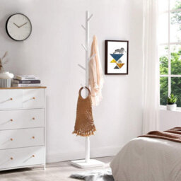 LEDREM Coat Rack, Solid Wood Coat Stand, Free Standing Hall Coat Tree With 8 Hooks For Coats, Hats, Bags, Purses, Cloud White - thumbnail 3