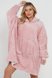 Homes & Linen Oversized Wearable Blanket Hoodie Teddy Fleece Fluffy Sherpa Hooded Sweatshirt Blanket With Pocket For Men & Women (Blush Pink) - thumbnail 3
