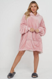 Homes & Linen Oversized Wearable Blanket Hoodie Teddy Fleece Fluffy Sherpa Hooded Sweatshirt Blanket With Pocket For Men & Women (Blush Pink) - thumbnail 2