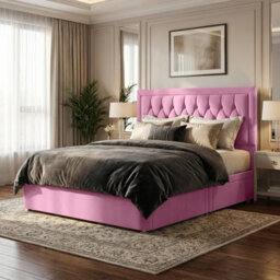 "Adore Designs Diamond Cut Bumper Plush Velvet Divan Bed, 50"" Headboard & Mattress - 3Ft Single - Pink - 2 Drawers Same Side" - thumbnail 1