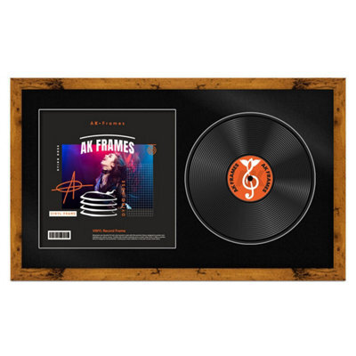 "30X17"" Rustic Oak Modern Vinyl Record Frame With Black Mount For 12 Inch Lp Album Cover & Disc - Ak Frames" - image 1