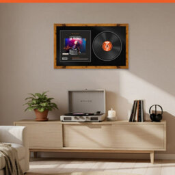 "30X17"" Rustic Oak Modern Vinyl Record Frame With Black Mount For 12 Inch Lp Album Cover & Disc - Ak Frames" - thumbnail 8