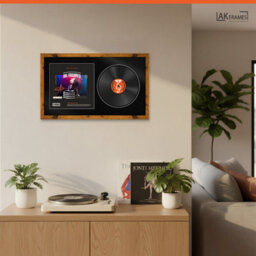 "30X17"" Rustic Oak Modern Vinyl Record Frame With Black Mount For 12 Inch Lp Album Cover & Disc - Ak Frames" - thumbnail 5