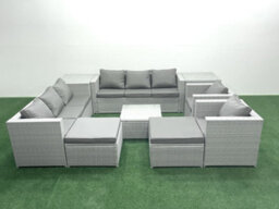 Fimous Outdoor Rattan Sofa Garden Furniture Set 2 Armchairs Square Coffee Table 2 Big Stools 2 Side Tables Light Grey - thumbnail 1