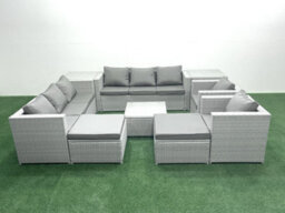 Fimous Outdoor Rattan Sofa Garden Furniture Set 2 Armchairs Square Coffee Table 2 Big Stools 2 Side Tables Light Grey - thumbnail 2