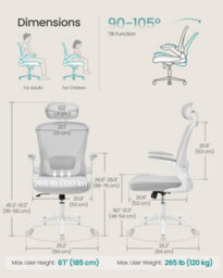 LEDREM Office Mesh Chair, Ergonomic Swivel Chair, Lumbar And Head Support, Wide Seat, Foldable Armrests, Tilt Function - thumbnail 6
