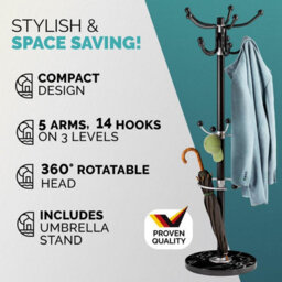 Casaria 175Cm Metal Coat Rack Stand With Marble Base 14 Hooks Black - thumbnail 3