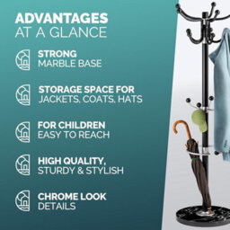 Casaria 175Cm Metal Coat Rack Stand With Marble Base 14 Hooks Black - thumbnail 8