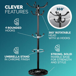 Casaria 175Cm Metal Coat Rack Stand With Marble Base 14 Hooks Black - thumbnail 5