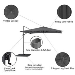 Living And Home 3M Large Square Canopy Rotatable Tilting Garden Rome Umbrella Cantilever Parasol With Square Fillable Base, Dark Grey - thumbnail 6