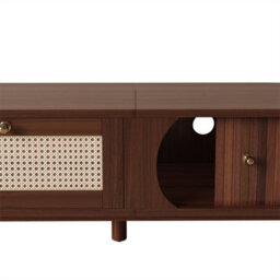 Abrihome Tv Cabinet - Tv Stand With Solid Wood Doors & Rattan Drawers, Rustic Natural Storage, Walnut - thumbnail 4