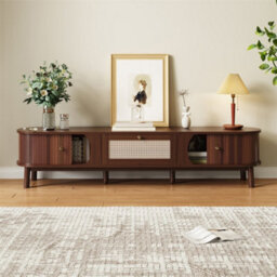 Abrihome Tv Cabinet - Tv Stand With Solid Wood Doors & Rattan Drawers, Rustic Natural Storage, Walnut - thumbnail 9