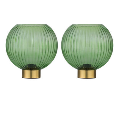 First Choice Lighting Set Of 2 Betchley - Battery Operated Satin Brass Lamp With Green Glass - image 1