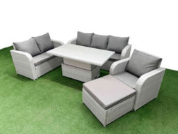 Fimous Pe Wicker 7 Seater Outdoor Rattan Furniture Sofa Sets Adjustable Lifting Dining Or Coffee Table Big Footstool