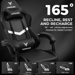Luckracer Gaming Chair, Massage Ergonomic Computer Chair Lumbar Support High Back Height Adjustable Gaming Chair, Black - thumbnail 3