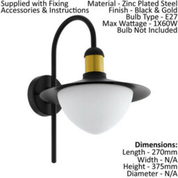 Set Of 2 Ip44 Outdoor Wall Lights - Black And Gold Modern Fisherman Style 60W E27 - thumbnail 2
