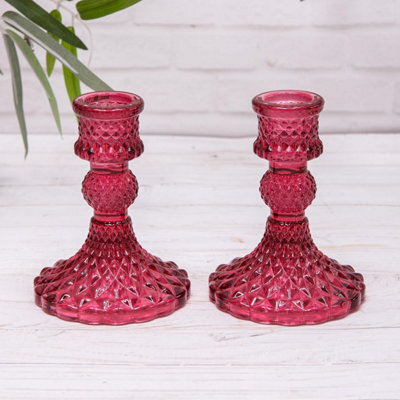 Annibells 2 Pink Vintage Harlequin Glass Dinner Candlestick Holders - image 1