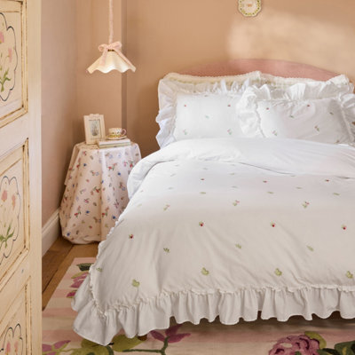 Cath Kidston Tiny Floral Embroidered Frill Cotton Double Duvet Cover Set With Pillowcases White - image 1