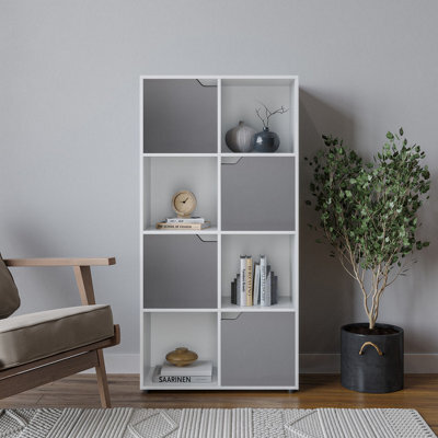 Urbn-Living Urbnliving 119Cm Height White 8 Cube Bookcase Shelving Display Shelf Storage Unit Grey Wooden Door Organiser - image 1