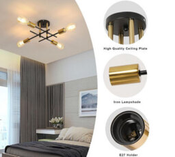 Industrial 4-Light Black & Gold Flush Ceiling Light E27 Metal - thumbnail 2