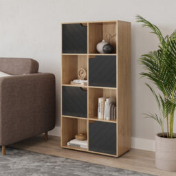 Urbn-Living Urbnliving 119Cm Height Wooden Cube Bookcase With 4 Black Line Door Display Oak Shelf Storage Shelving Cupboard - thumbnail 2