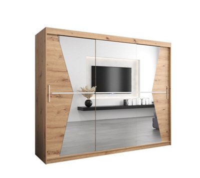 Arte Morocco Contemporary 3 Mirrored Sliding Door Wardrobe 9 Shelves 2 Rails Oak Artisan Effect (H)2000mm (W)2500mm (D)620mm - image 1