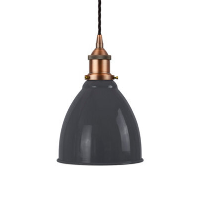 SE Home Slate Grey Classic Small Pantry Metal Painted Dome Pendant Light With Matt Antique Copper Lamp Holder And Black Twisted Cable - image 1