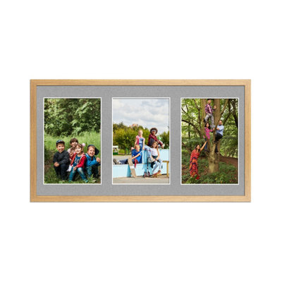 AK Frames 40X20Cm Oak Sleek Multi Photo Frame With Silver Mount - Holds 3 Apertures (3X) 6X4 Photos - image 1