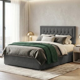 Adore Designs Diamond Cut Bumper Plush Velvet Divan Bed, Headboard & Mattress - 4Ft6 Double - Grey - 2 Drawers Same Side - thumbnail 1