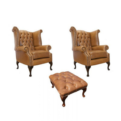 Chesterfield 2 X Wing Chairs + Footstool Old English Tan Leather In Queen Anne Style