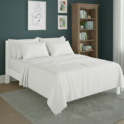 Plain Poly Cotton Easy Care Fitted Flat Sheet Matching Pillowcases Set White - image 1