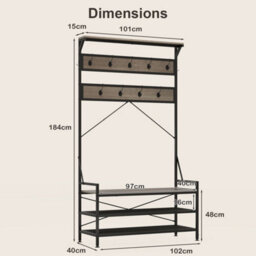 4-In-1 Hall Tree With 11 Hanging Hooks & Shoe Bench-Gray - thumbnail 2