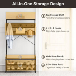 4-In-1 Hall Tree With 11 Hanging Hooks & Shoe Bench-Gray - thumbnail 3